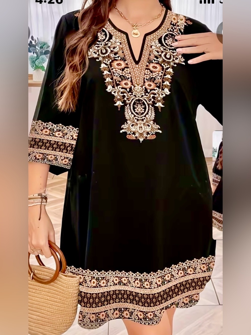 Black Embroidered V-Neck Women’s Tunic Top